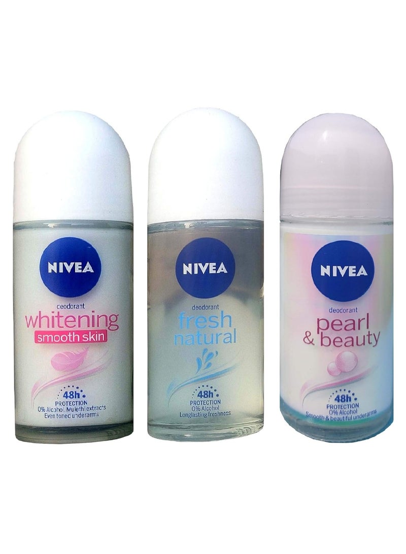 Nivea Roll On Anti Persitant Deodorant Whitening + Fresh Natural + Pearl & Beauty For Women 50 Ml Each - Image 1